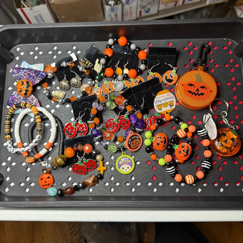 Halloween Pumpkin Jewelry Lot Earrings Bracelets Hair Bow Keychains